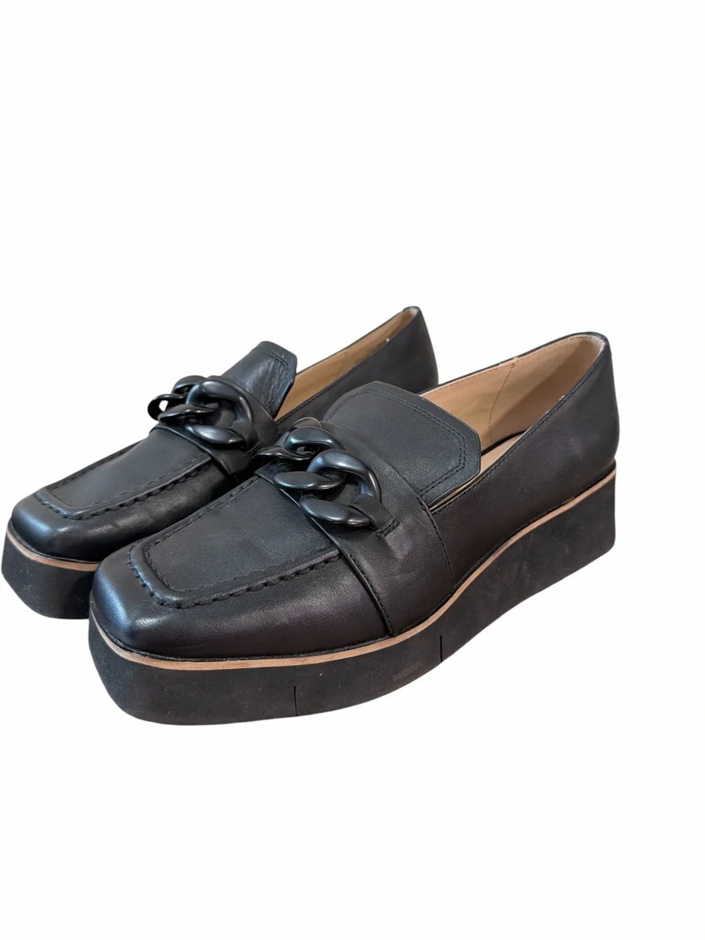 Naked Feet Privy Black Leather Platform Loafers Size 9M Chain Chunky Shoes